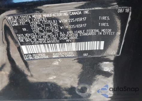 2018 Toyota Rav4 Le из США, поврежденный, VIN 2T3ZFREV6JW499592